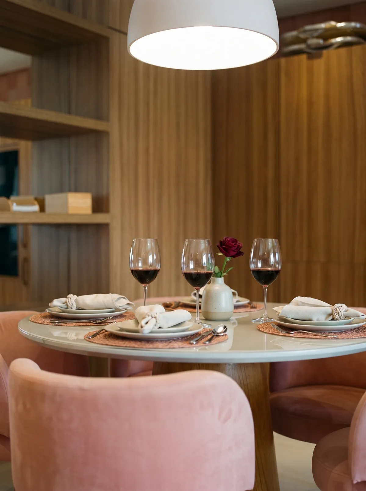 Mesa de jantar posta à noite, com cadeiras rosa e a luz do pendente