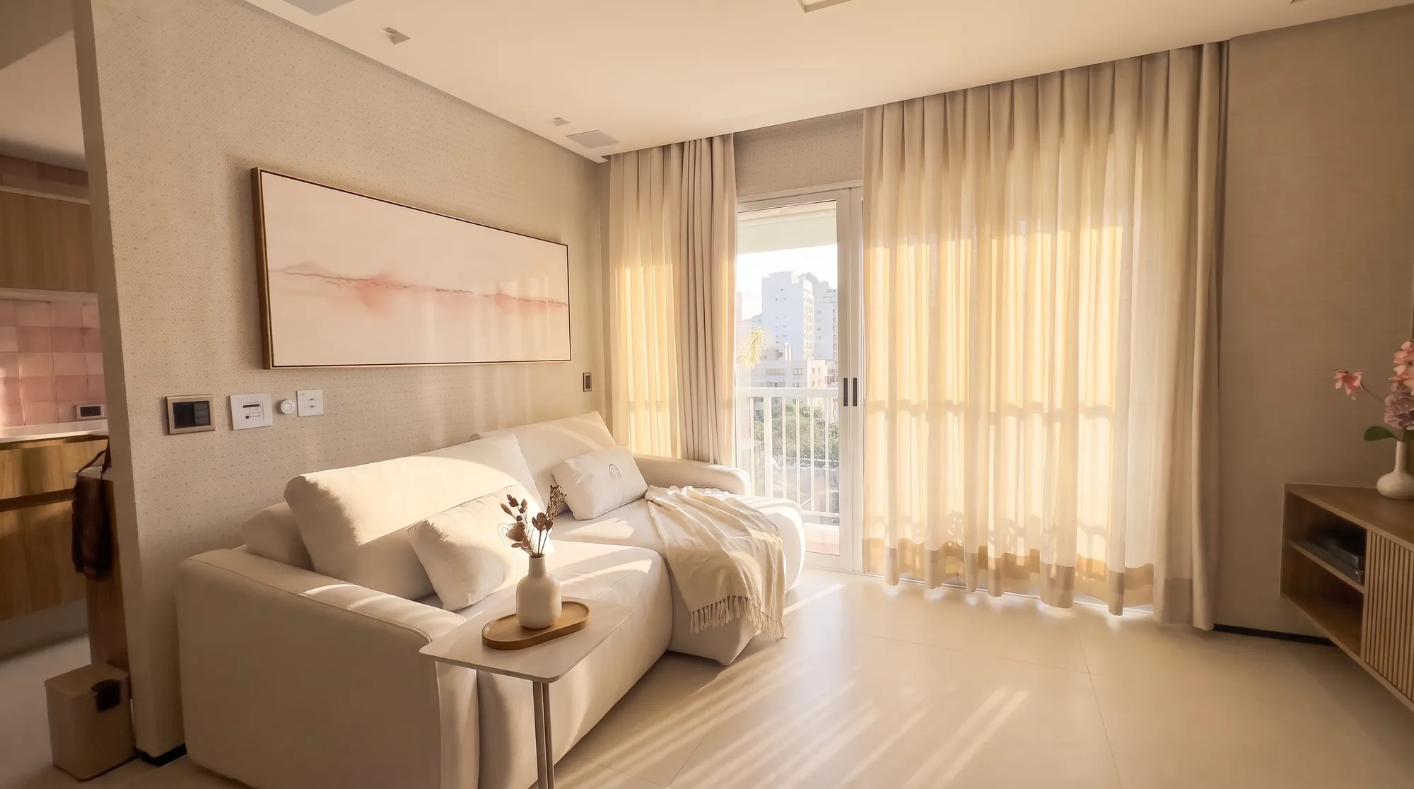Sala do apartamento com sofá claro e a luz da varanda nas cortinas